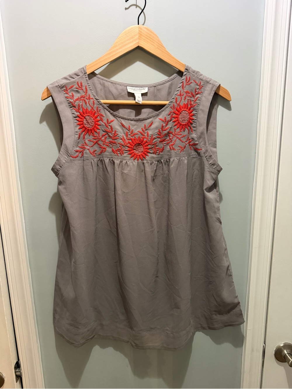 Liz Lange Maternity Gray Tank with Red Floral Embroidery Yoke